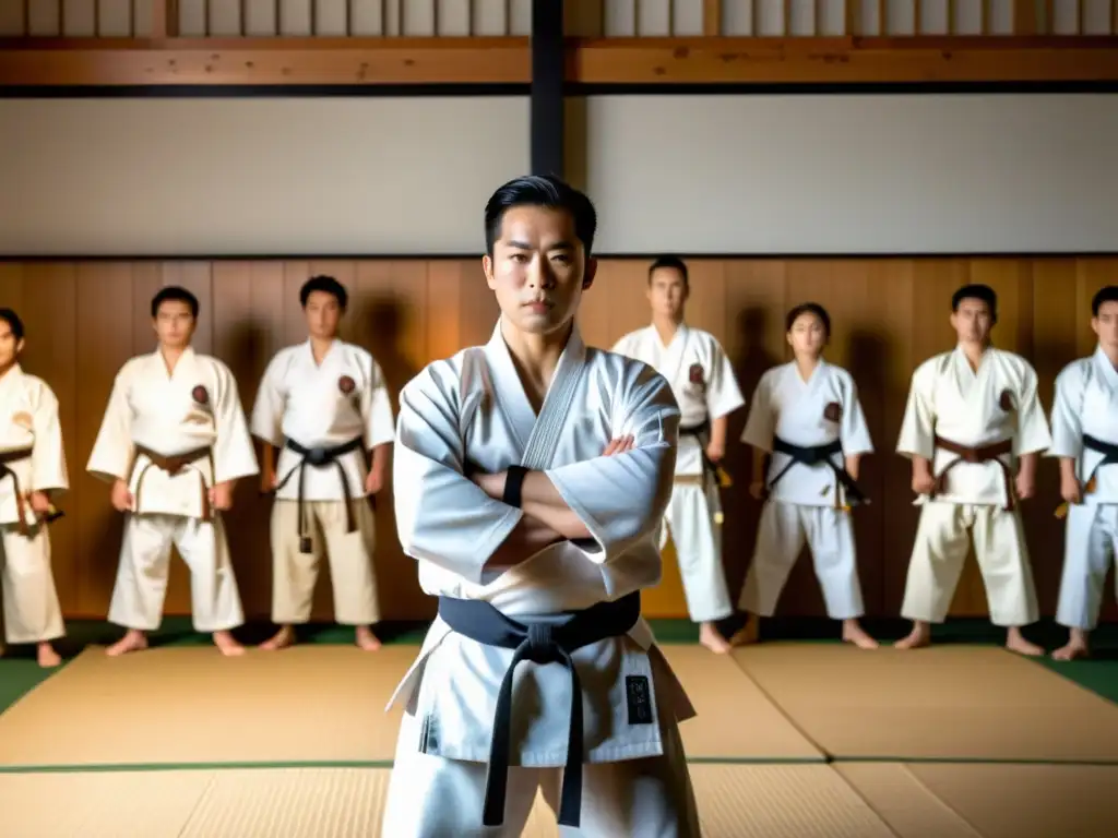 Un instructor de Aikido en un dojo sereno, enseñando técnicas a estudiantes con gracia y precisión