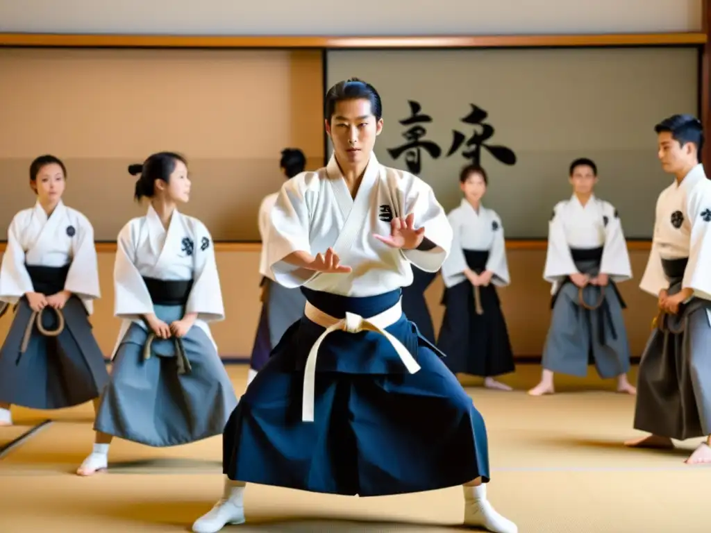 Un instructor de Aikido enseña a sus estudiantes en un aula luminosa con decoración tradicional japonesa