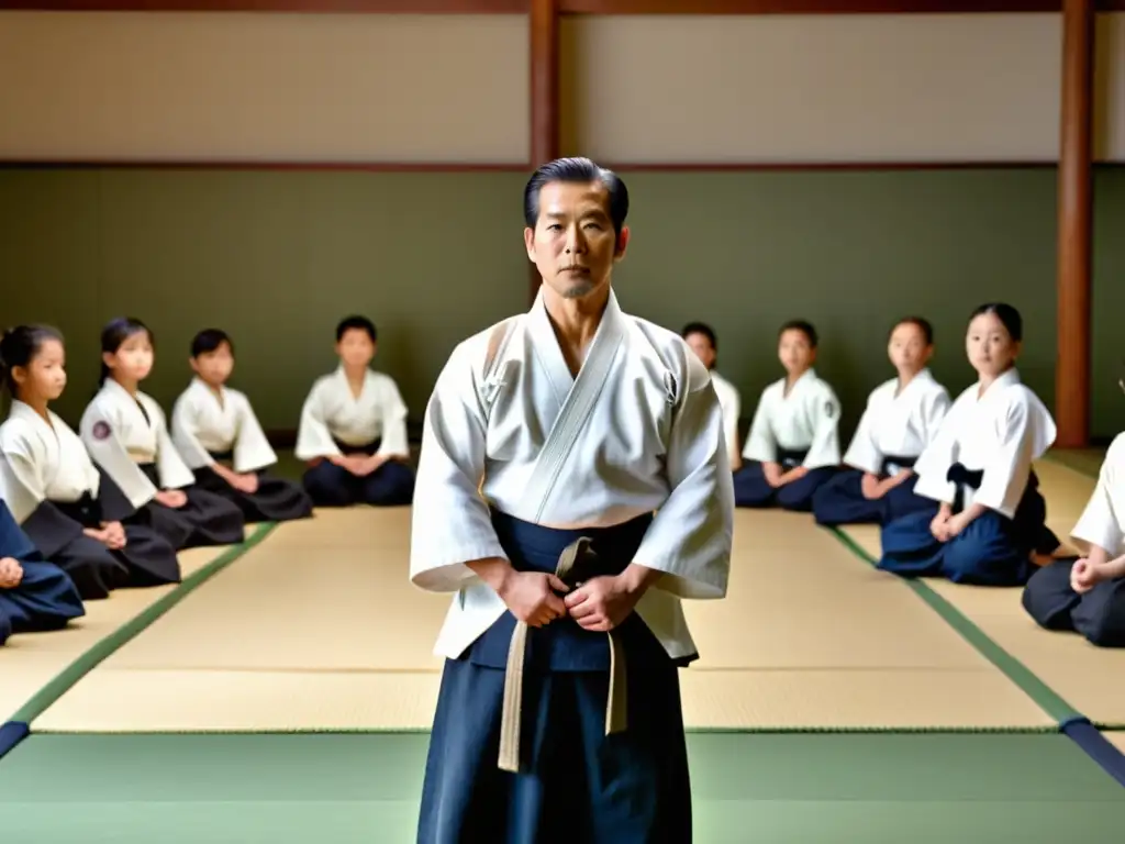 Un instructor de Aikido dirige a niños de distintas edades y orígenes en un dojo espacioso, demostrando técnicas con calma y confianza