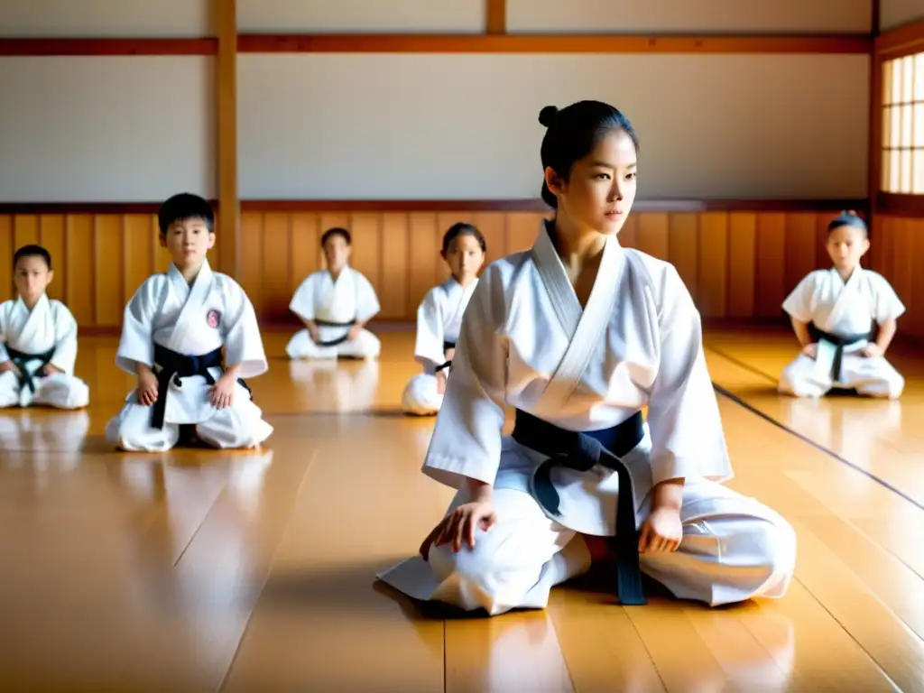 Un instructor de aikido enseña técnicas a un grupo de niños en un dojo iluminado, reflejando disciplina y respeto en el arte marcial