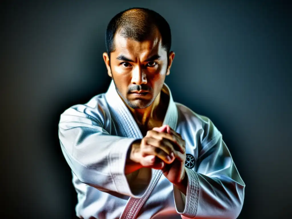 Un instructor de karate muestra aplicaciones prácticas técnicas defensa personal con enfoque y determinación, vistiendo un gi blanco en un dojo