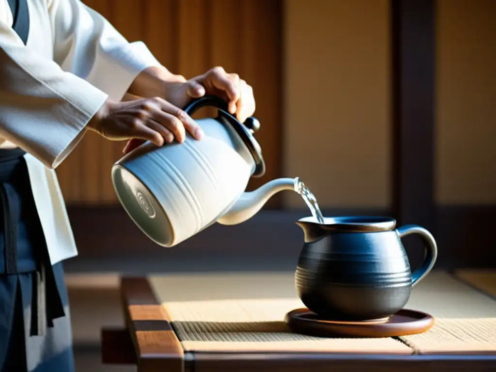 Un instructor de artes marciales vierte agua de una jarra japonesa en una taza de madera, transmitiendo serenidad y concentración