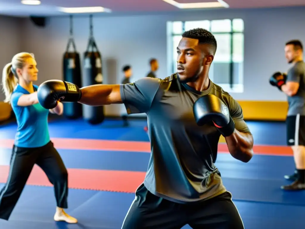 Un instructor de artes marciales guía a sus alumnos en un entrenamiento en circuito, demostrando técnicas de golpeo y bloqueo