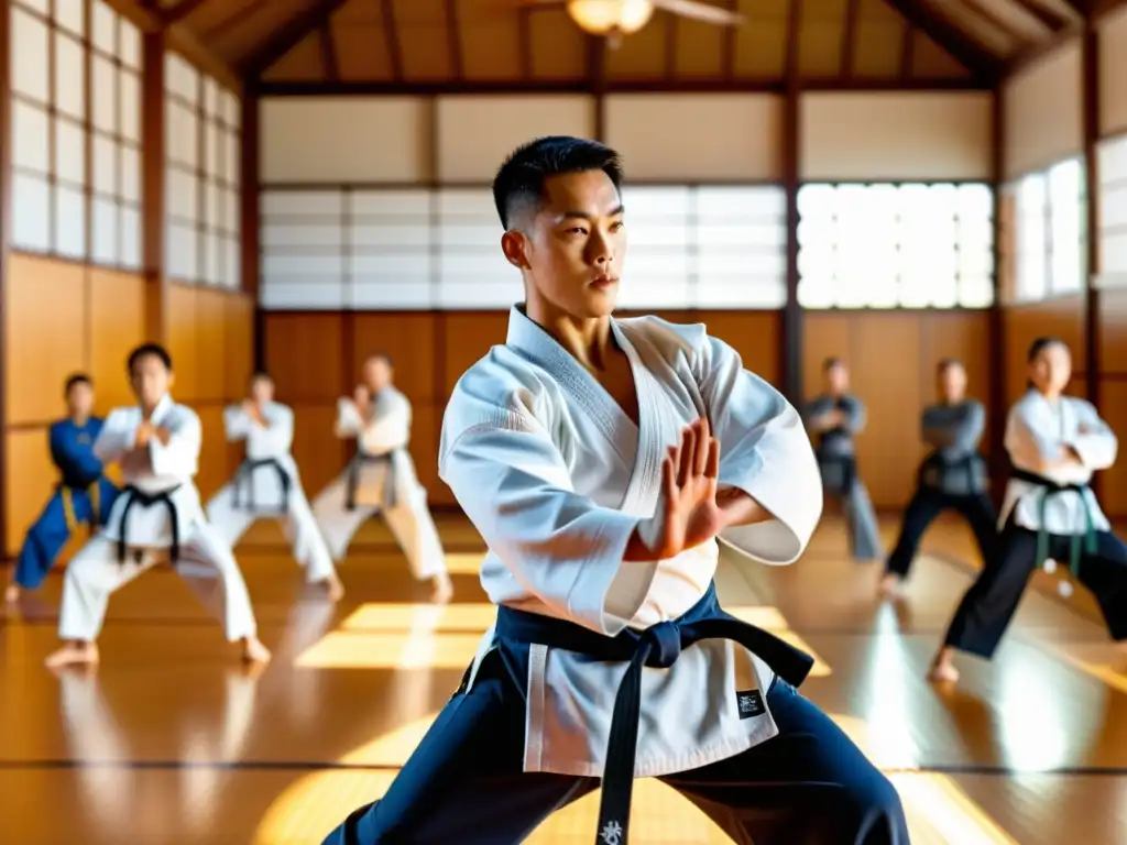 El instructor de artes marciales guía a sus alumnos en técnicas de entrenamiento para movilidad en combate, en un dojo iluminado por el sol