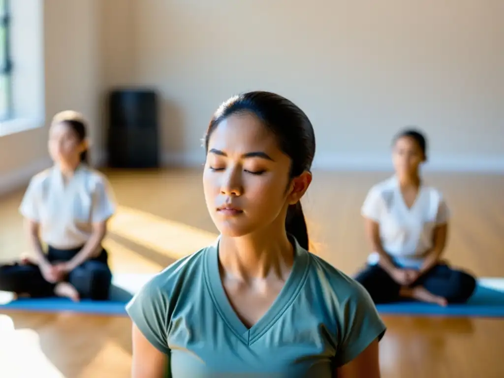 Un instructor de artes marciales dirige una sesión de mindfulness con sus alumnos, creando un ambiente sereno y concentrado