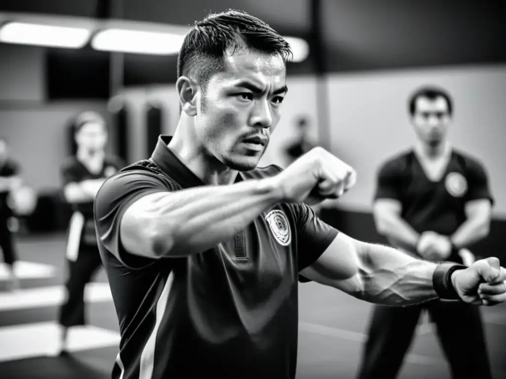 Un instructor de artes marciales lidera a sus alumnos en un intenso entrenamiento en línea, demostrando métodos innovadores en entrenamiento personal