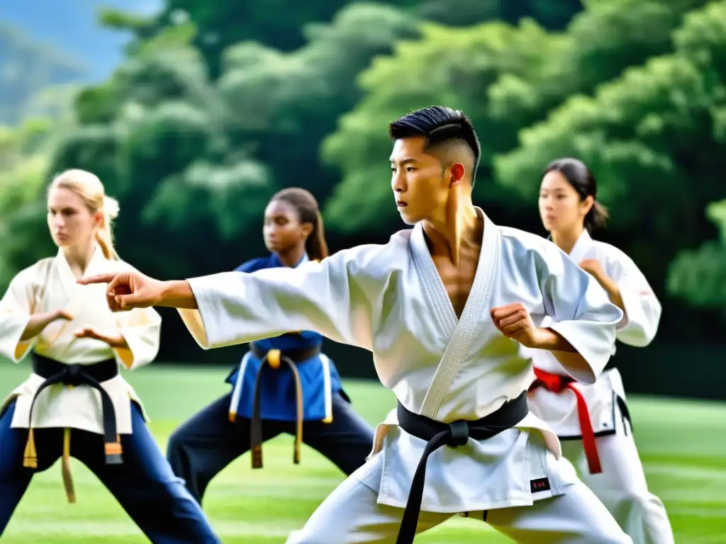 Un instructor de artes marciales guía a sus alumnos en técnicas de karate en un entorno sereno al aire libre