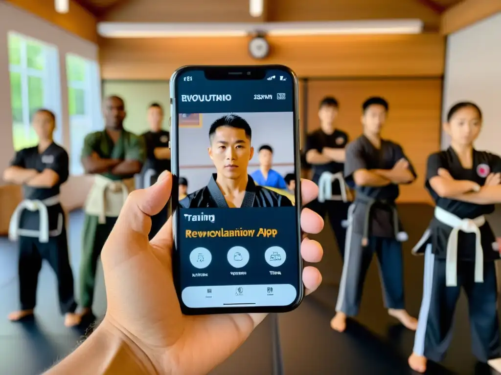 Un instructor de artes marciales muestra una app revolucionaria en su smartphone mientras los alumnos practican técnicas