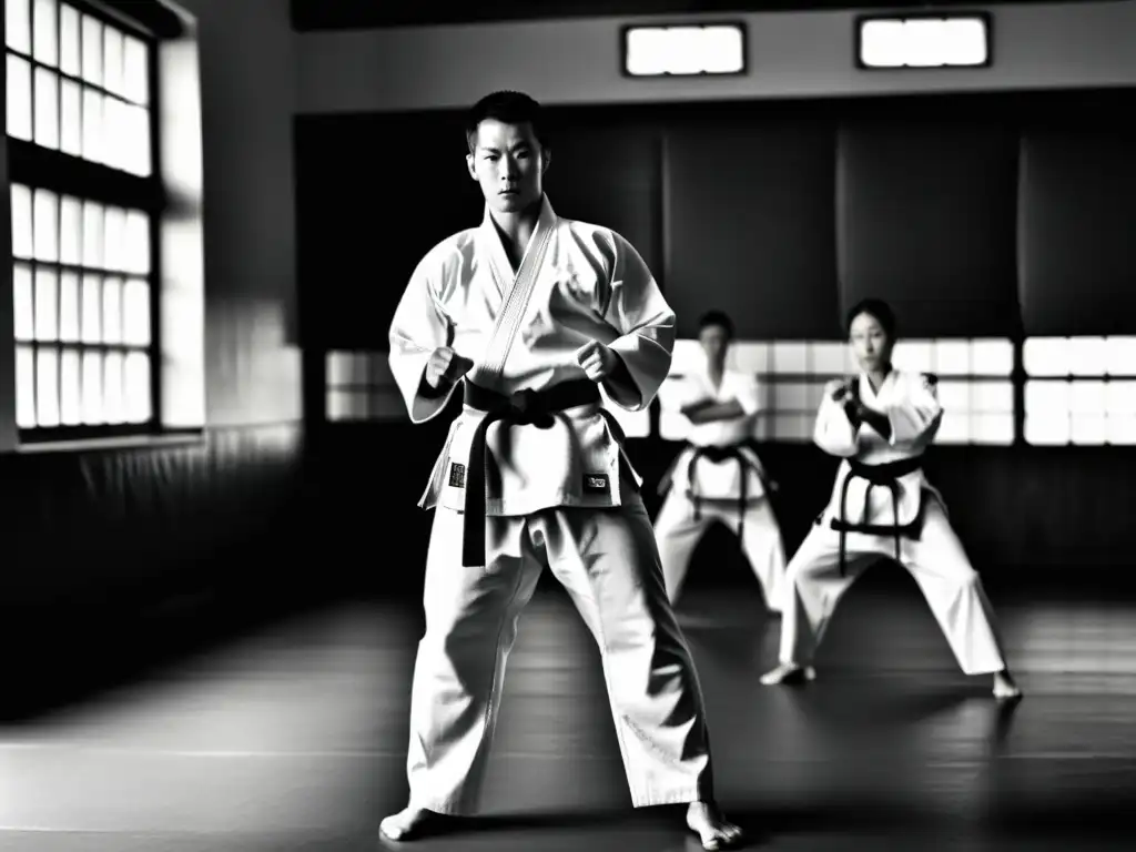 Un instructor de artes marciales observa con autoridad a sus estudiantes mientras practican en un dojo tradicional