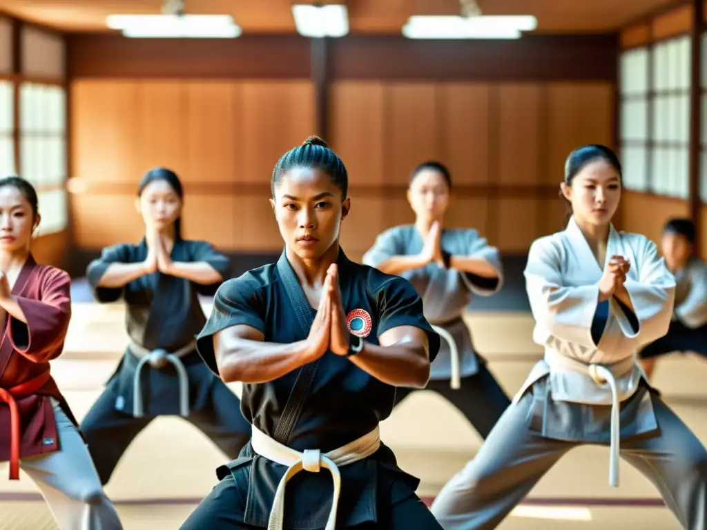 Un instructor de artes marciales lidera el calentamiento dinámico de sus estudiantes en un dojo, mostrando disciplina y determinación