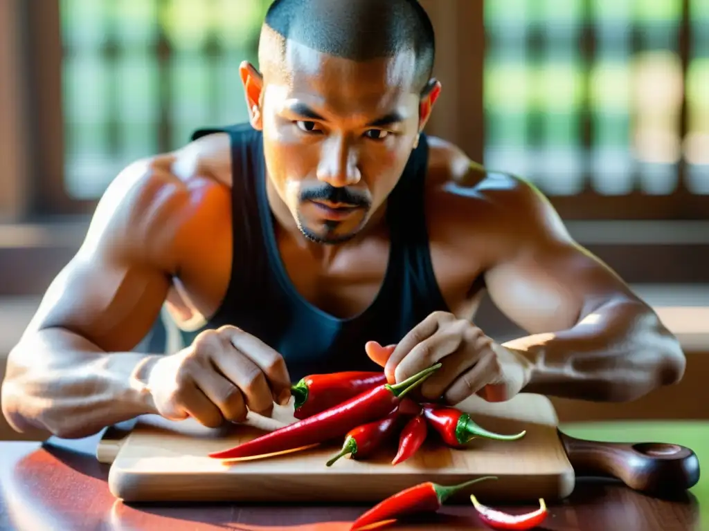 Un instructor de artes marciales corta cuidadosamente chiles rojos vibrantes en tabla de madera, con luz solar que irradia calidez