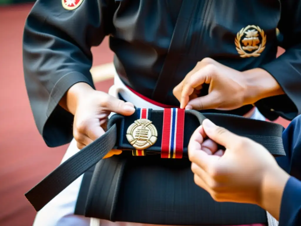 Un instructor de artes marciales entrega cinturones negros a dos estudiantes con determinación