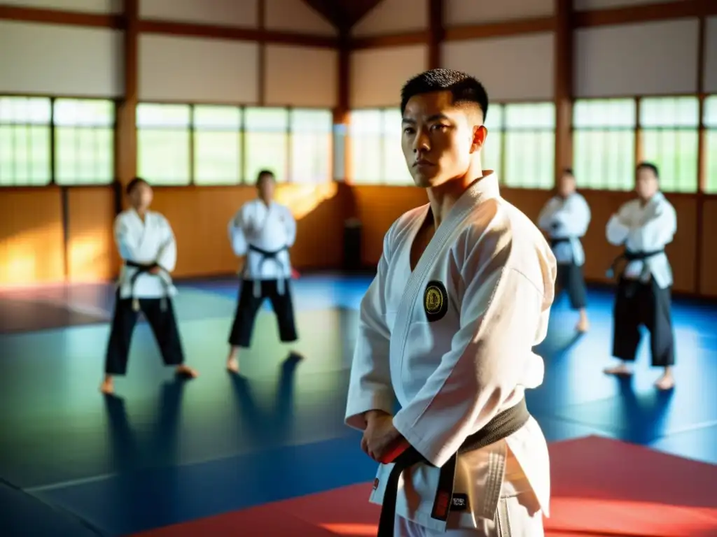 Un instructor de artes marciales dirige una clase en un dojo soleado, demostrando la disciplina y habilidad necesarias para la inscripción en torneos