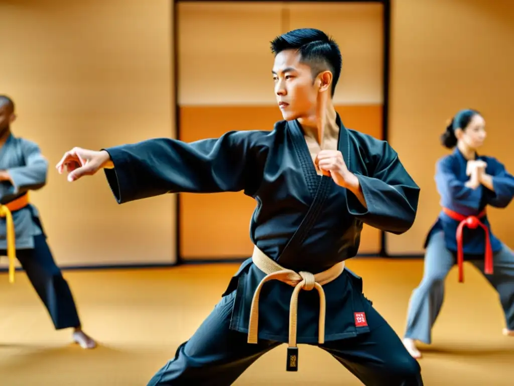 Un instructor de artes marciales lidera una clase virtual con estudiantes dedicados, demostrando técnica precisa