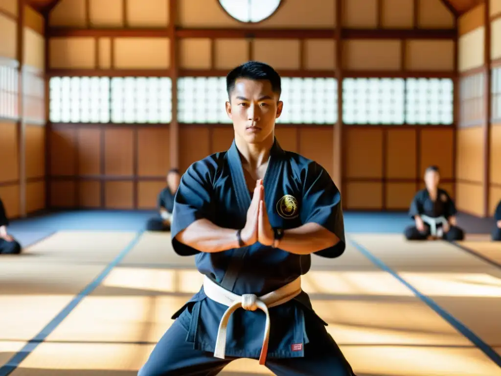 Un instructor de artes marciales dirige una clase de técnicas de combate a distancia en un dojo soleado, enfocando la disciplina y precisión