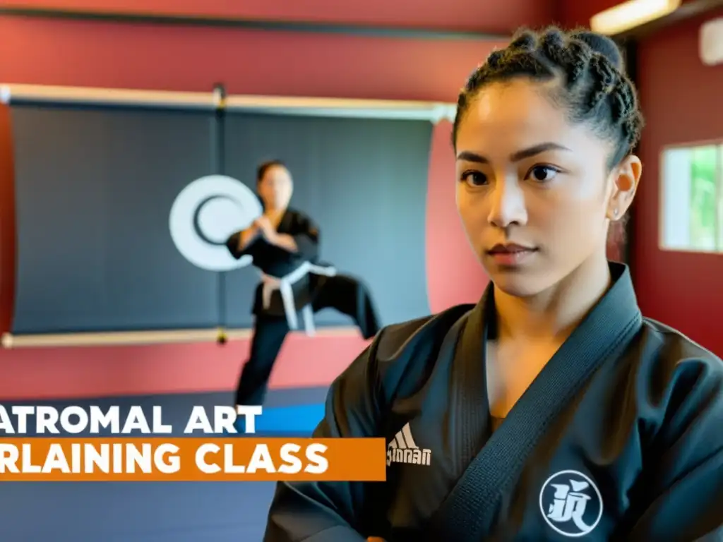 El instructor de artes marciales lidera una clase virtual con estudiantes diversos, todos concentrados en el entrenamiento en línea