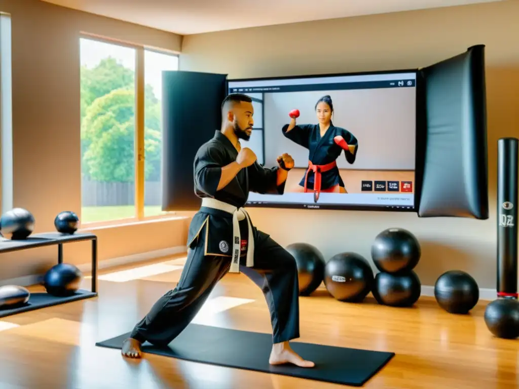 Un instructor de artes marciales lidera una clase virtual de kickboxing desde su estudio en casa, mostrando técnica y motivación