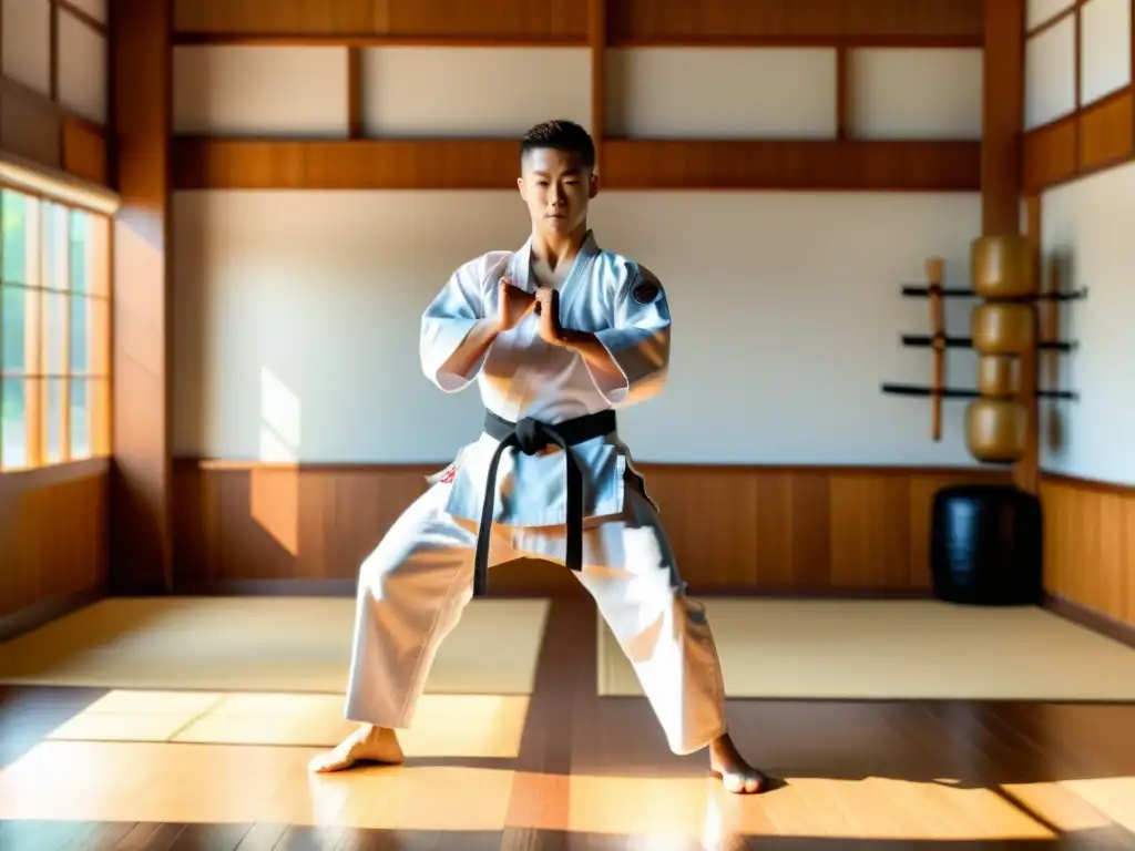 Un instructor de artes marciales se prepara para la clase en un estudio bañado por la luz del sol