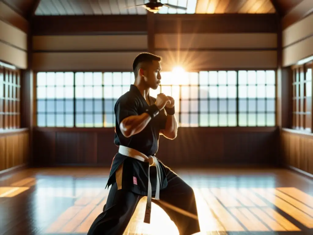 Un instructor de artes marciales lidera una clase en un dojo mientras los estudiantes practican