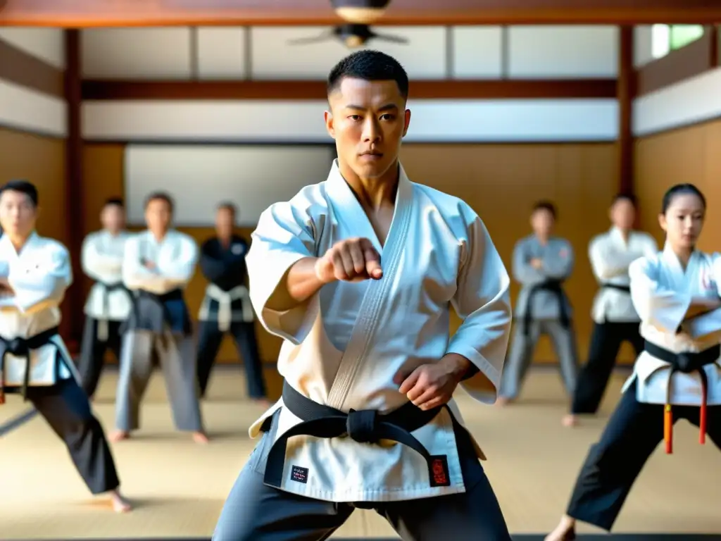 Un instructor de artes marciales lidera una clase en un dojo tradicional, con equipo moderno y tradicional en el fondo