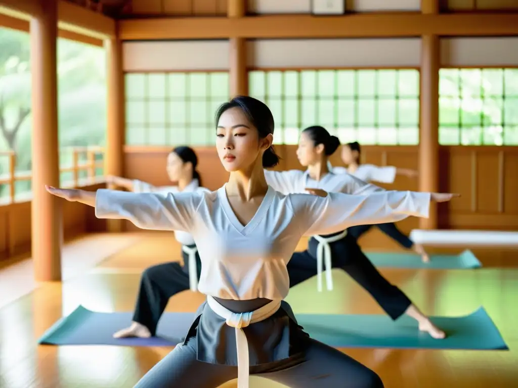 Un instructor de artes marciales lidera una clase de Pilates en un dojo sereno, rodeado de arquitectura japonesa tradicional