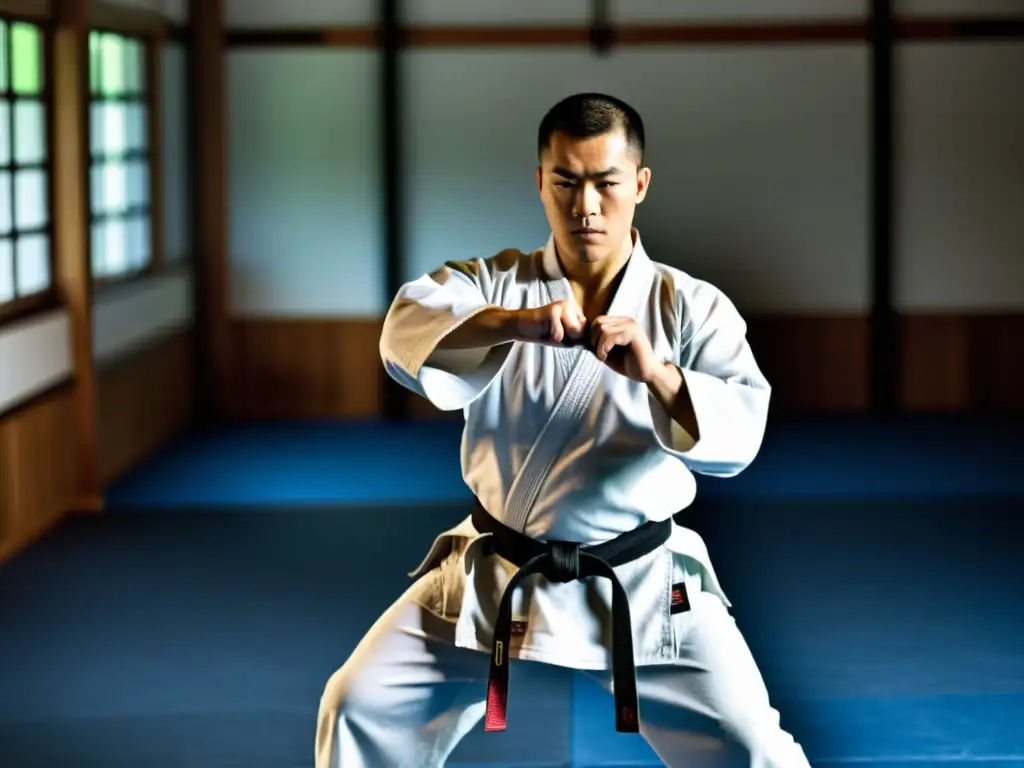 Un instructor de artes marciales lidera la clase en un dojo tradicional, mostrando disciplina y precisión