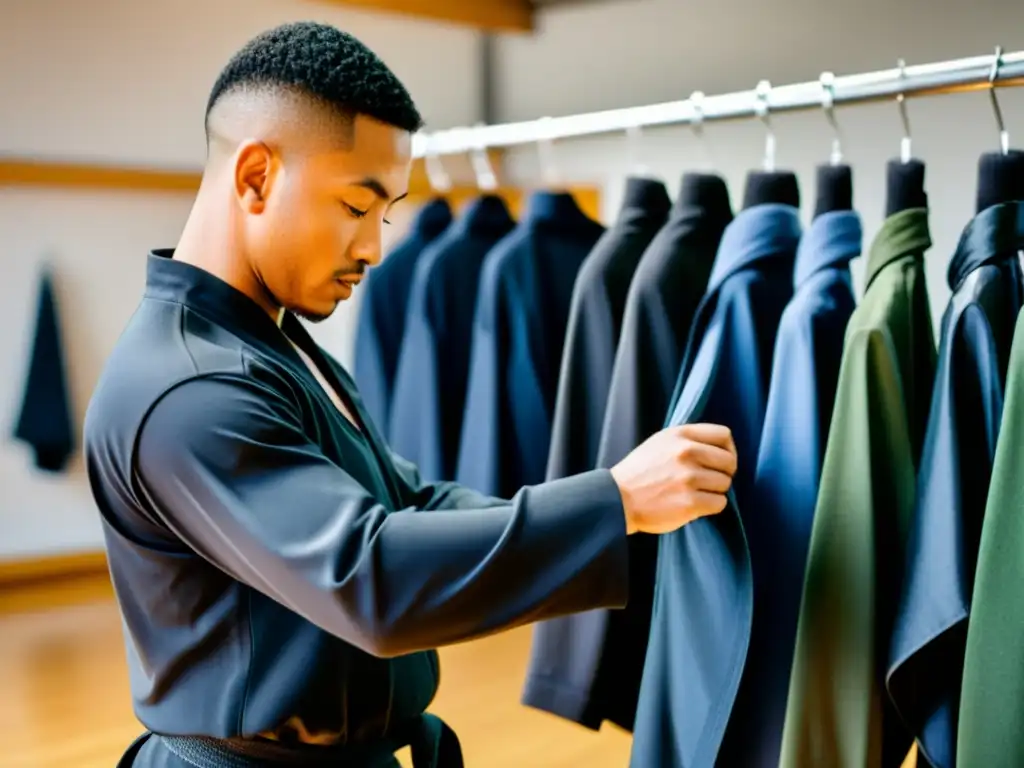 Un instructor de artes marciales inspecciona con cuidado la ropa de entrenamiento, transmitiendo profesionalismo y respeto por la disciplina