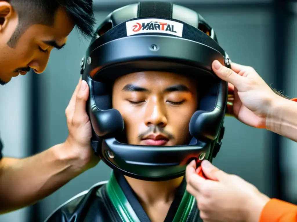 El instructor de artes marciales coloca con cuidado el casco de protección en su estudiante, transmitiendo profesionalismo y seguridad