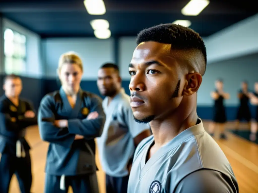 Maestro de artes marciales guía a estudiantes dedicados en el gimnasio Un instructor de artes marciales guía a sus dedicados estudiantes en el gimnasio, creando una atmósfera de mentalidad ganadora en artes marciales