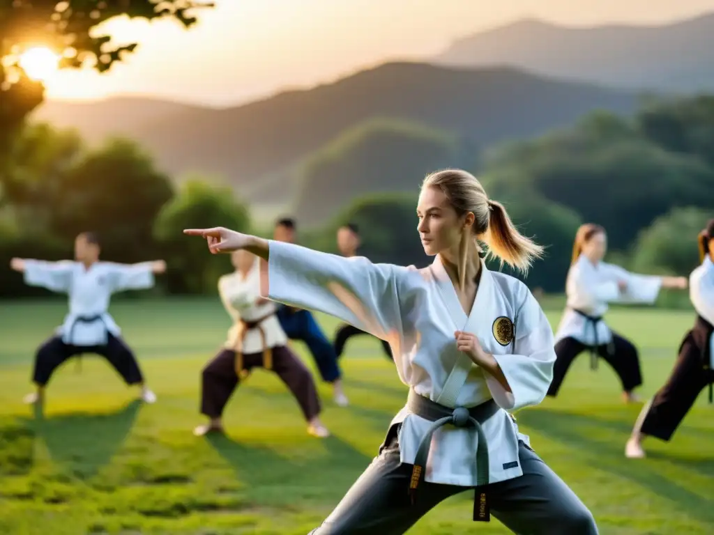 Un instructor de artes marciales lidera una sesión dinámica al aire libre al atardecer, enfatizando la conexión entre la condición física y la armonía mente-cuerpo en la práctica de artes marciales