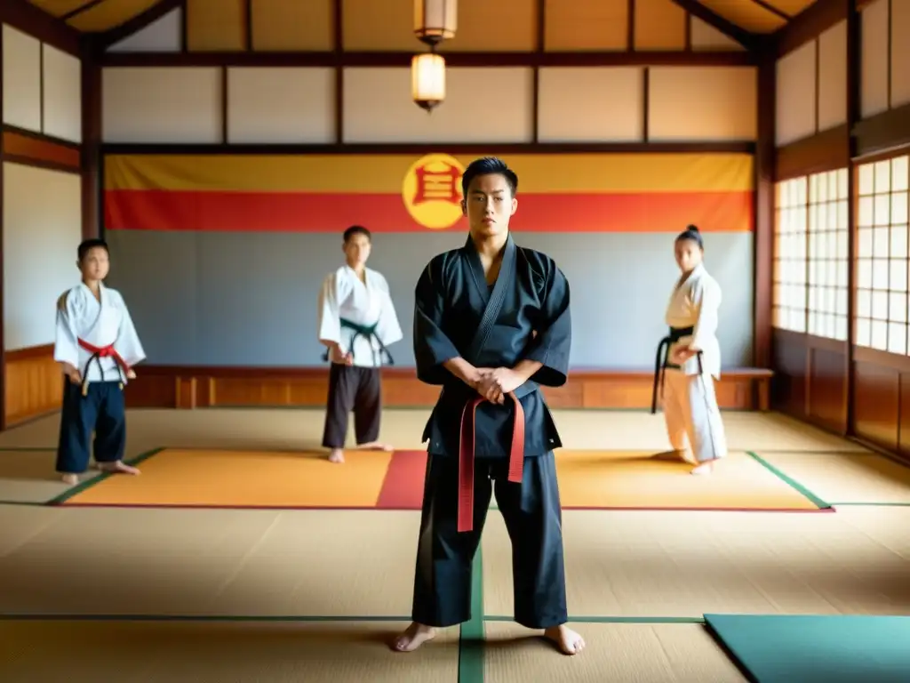 Un instructor de artes marciales demuestra disciplina y respeto en un dojo tradicional, mientras los estudiantes observan con admiración