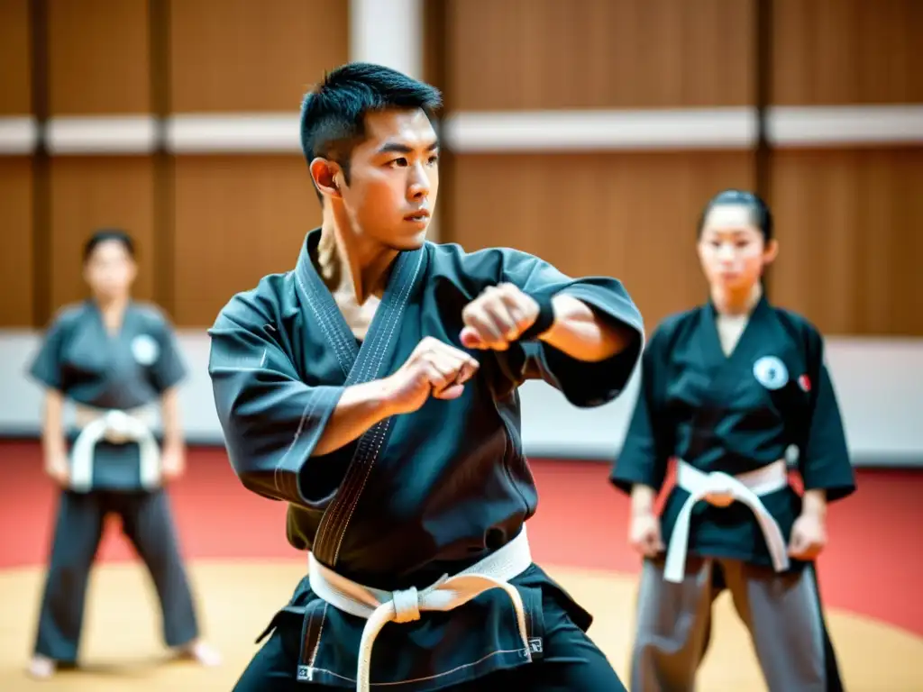 Un instructor de artes marciales con un dispositivo wearable lidera una clase en un dojo