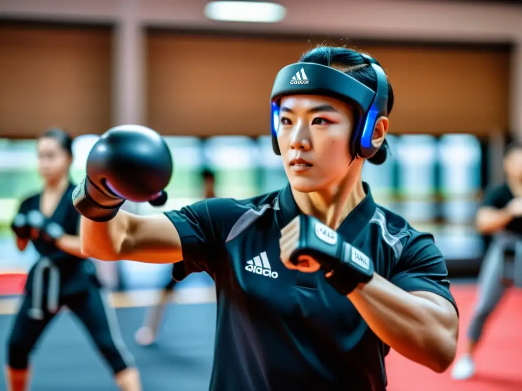 Un instructor de artes marciales con dispositivo portátil muestra técnica ante estudiantes en un dojo iluminado