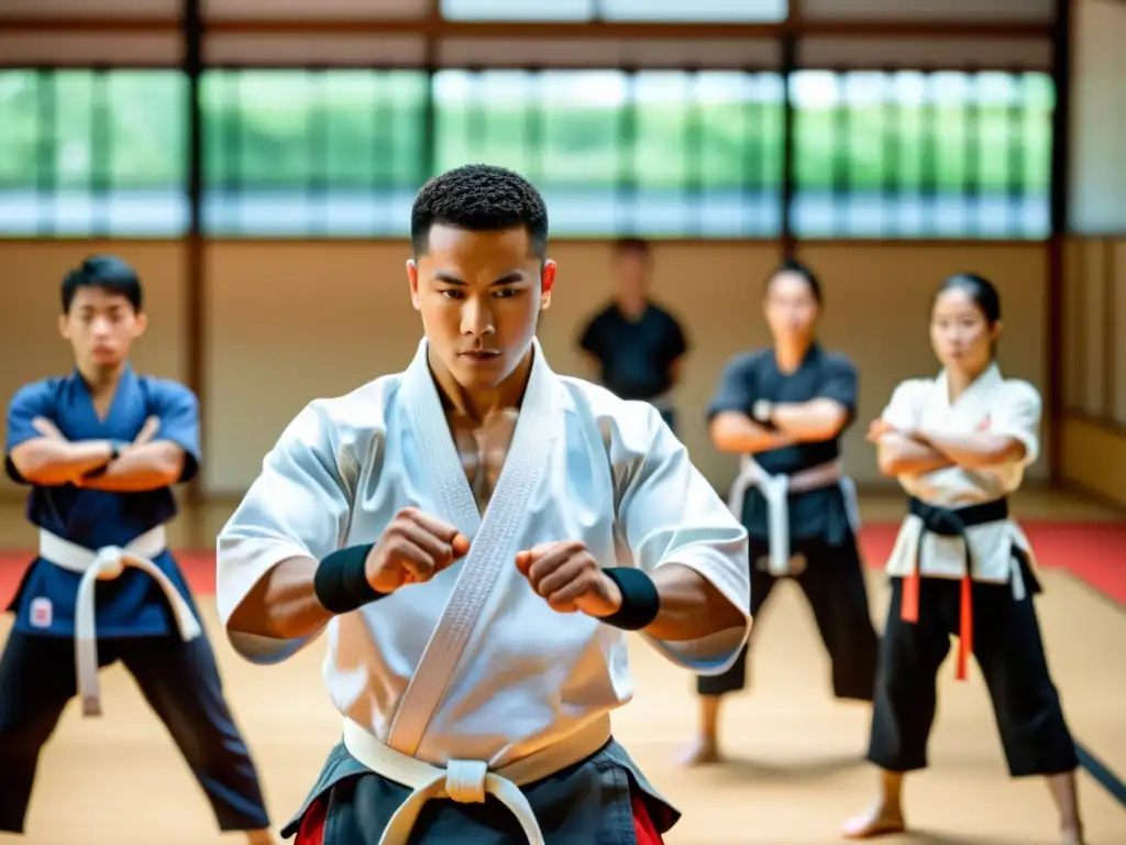 Un instructor de artes marciales lleva un dispositivo wearable mientras entrena a su grupo en un dojo tradicional