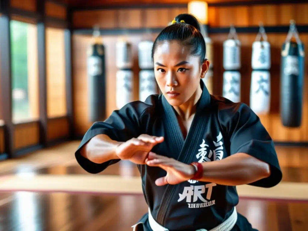 Un instructor de artes marciales muestra determinación y precisión en un dojo tradicional, evocando la motivación en práctica marcial a distancia