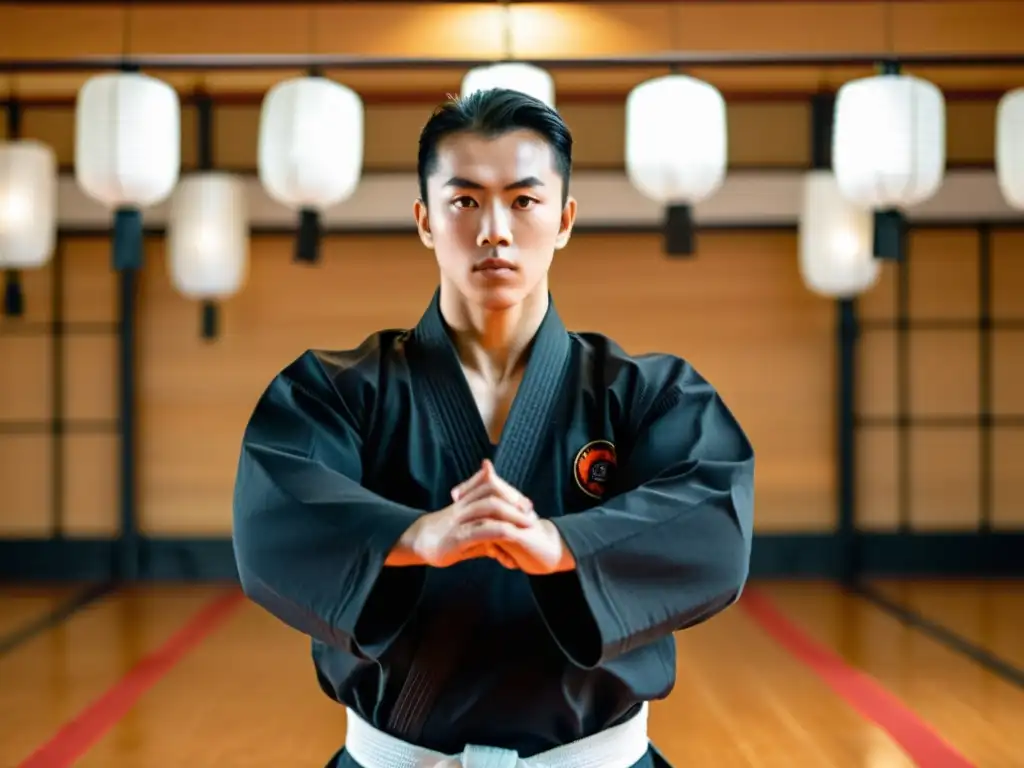 Maestro de artes marciales en dojo tradicional Un instructor de artes marciales en un dojo tradicional, demostrando corrección de técnicas a un estudiante con intensidad y enfoque