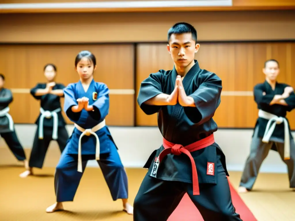 Un instructor de artes marciales en un dojo con estudiantes, mejorando técnica artes marciales dummies