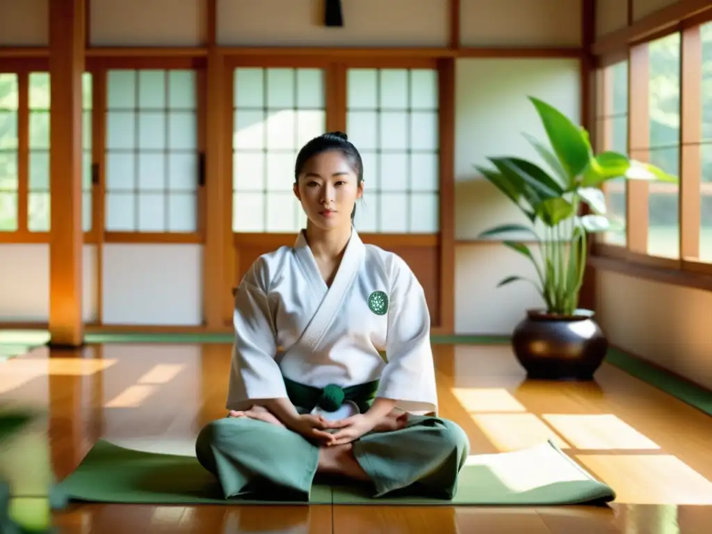 Un instructor de artes marciales en un dojo tradicional, transmitiendo calma y concentración