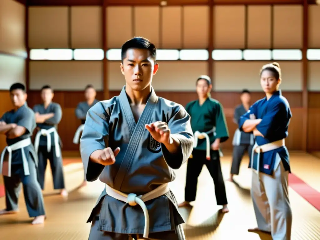 Un instructor de artes marciales en un dojo tradicional, demostrando movimientos precisos y poderosos, rodeado de estudiantes enfocados