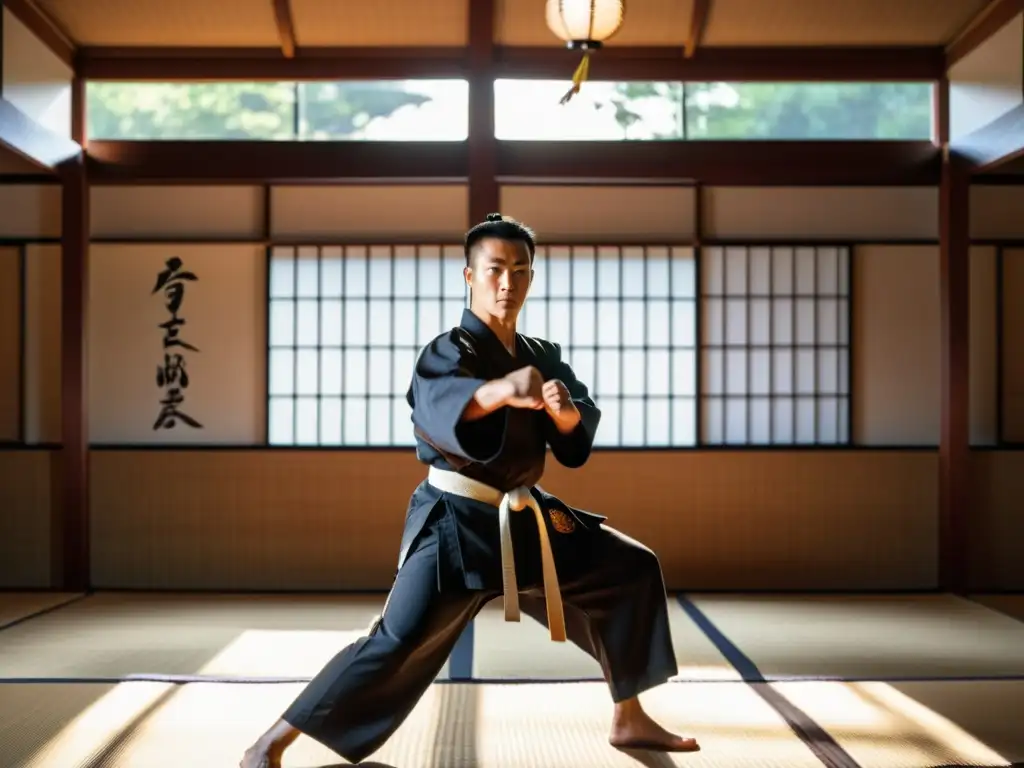 Un instructor de artes marciales con determinación en un dojo iluminado, rodeado de estudiantes y con una atmósfera de reverencia y experiencia