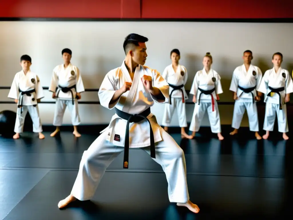 Un instructor de artes marciales en un dojo tradicional, demostrando una patada poderosa