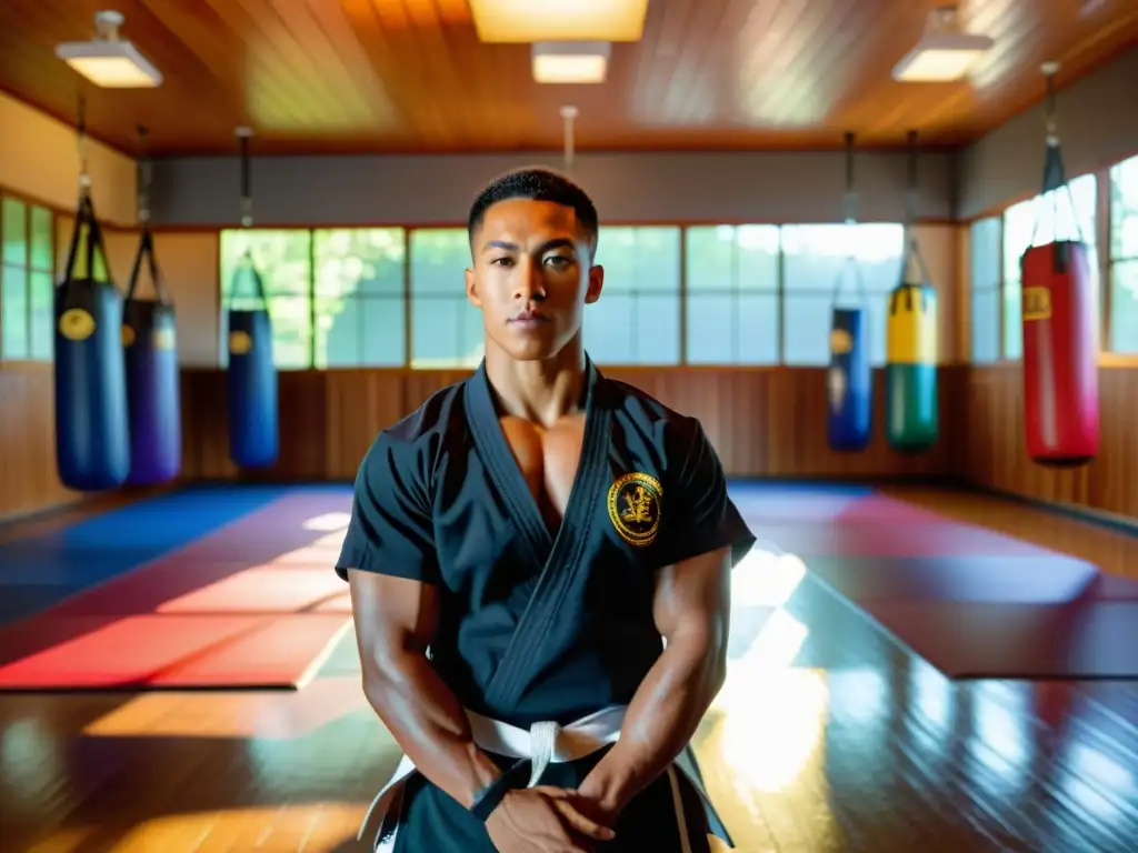 Un instructor de artes marciales se destaca en un dojo iluminado por el sol, rodeado de bolsas de boxeo coloridas y equipo de entrenamiento