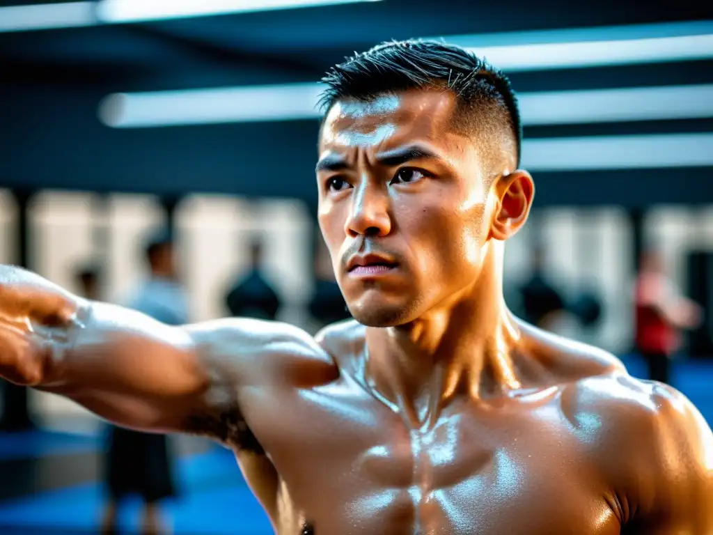 Un instructor de artes marciales muestra su dominio en un entrenamiento funcional, con atletas practicando técnicas en el fondo