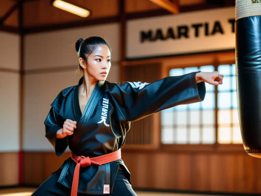 Un instructor de artes marciales muestra su dominio con un potente y preciso golpe en el aire, en un dojo tradicional