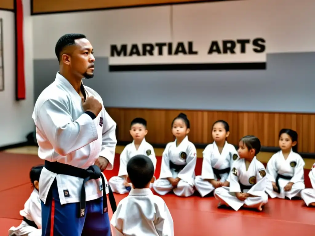 Un instructor de artes marciales enseña a niños en un gimnasio, creando un ambiente de disciplina y respeto