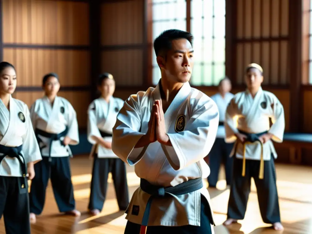 Un instructor de artes marciales enseña técnicas de respiración a sus estudiantes en un dojo tradicional, creando un ambiente disciplinado y armonioso