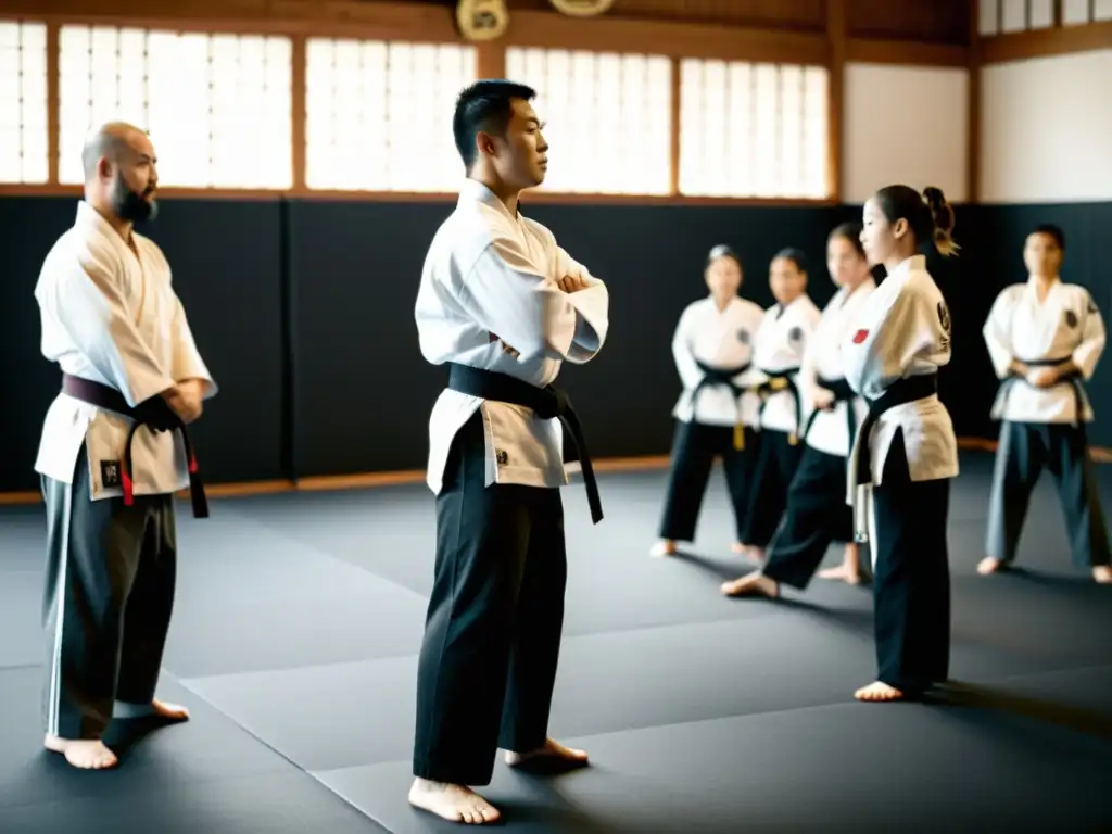 Un instructor de artes marciales enseña técnicas a sus alumnos en un dojo tradicional, transmitiendo disciplina y respeto