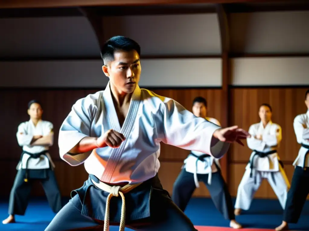 Un instructor de artes marciales enseña una técnica compleja a sus estudiantes en un dojo tradicional, con una atmósfera de disciplina y concentración