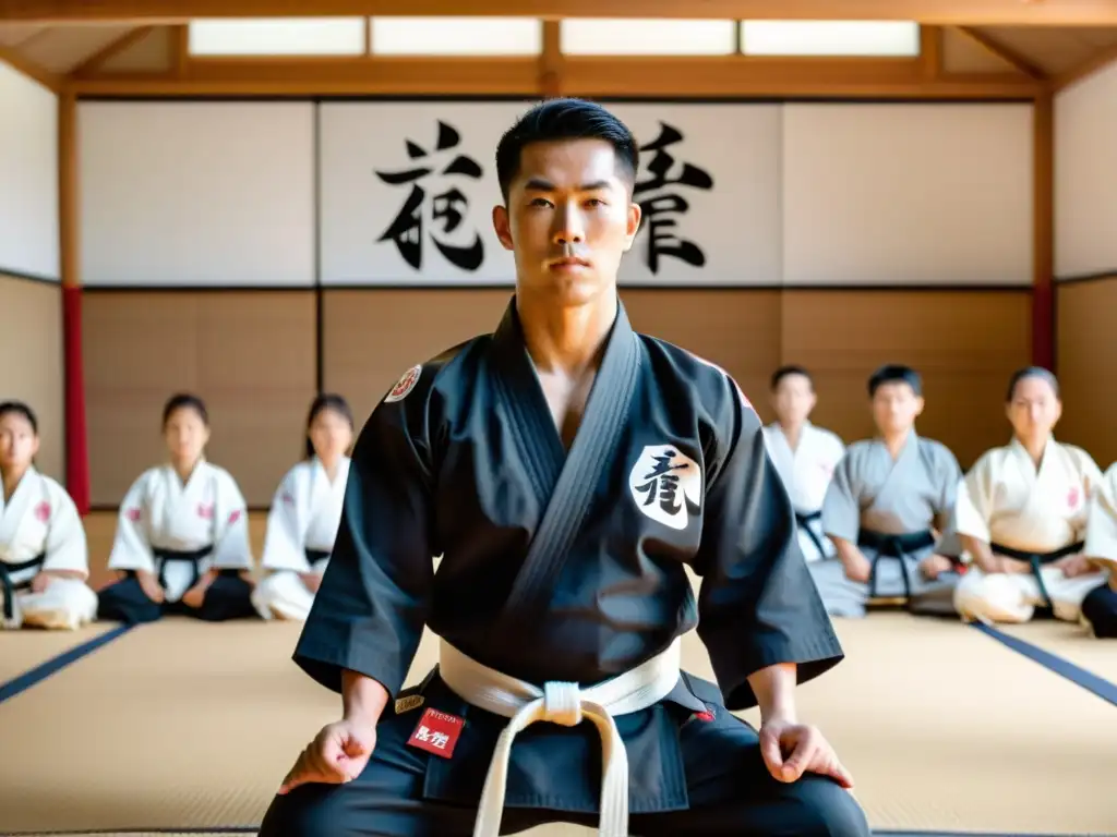 Un instructor de artes marciales enseña a estudiantes en un dojo iluminado, con uniformes tradicionales y una atmósfera de disciplina