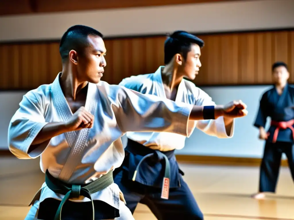 Un instructor de artes marciales enseña una técnica de autodefensa a un grupo de concentrados y determinados estudiantes en un dojo tradicional, destacando la disciplina mental y física requerida